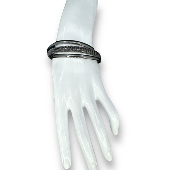 Lia Sophia Gun Metal Mixed Style Mesh Cuff Bracelet Three Layered - Picture 3 of 5